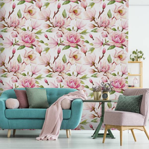 Tapete Blumen MAGNOLIEN Knospen Aquarell Braun - Grün - Pink - Weiß - Fleece - 53 x 1000 x 1000 cm