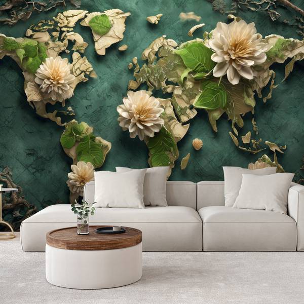 Papier peint fleurs carte du monde 250 x 175 cm