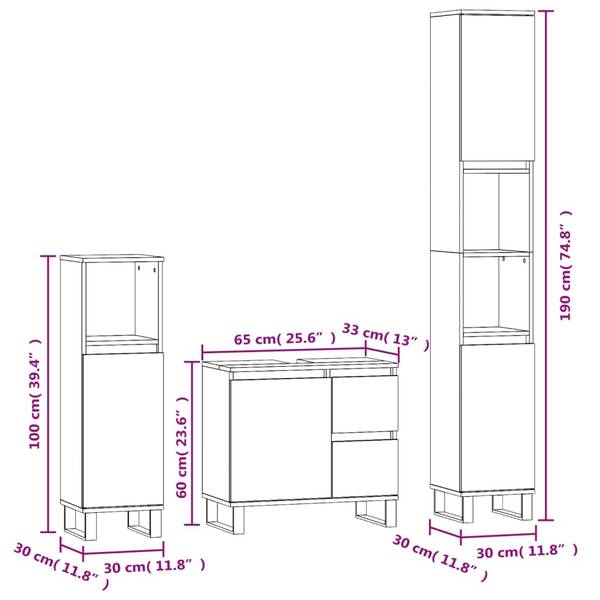 Badkamermeubelset 3030370 Set van 3 grijs - ijzer - 33 x 60 x 65 cm