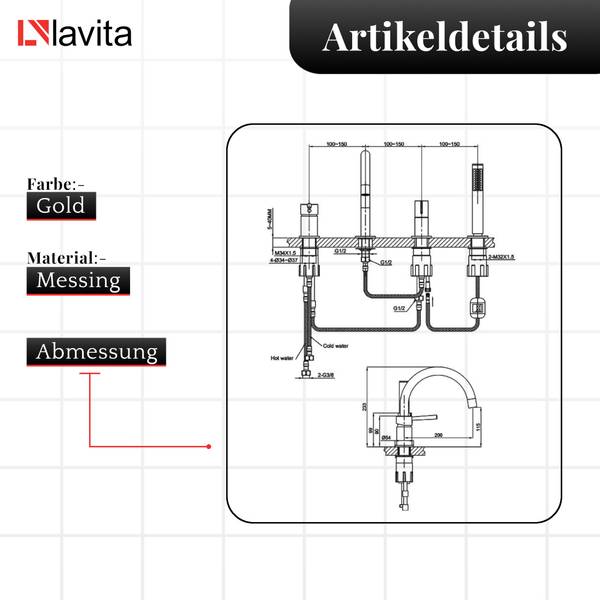 4-Loch-Wannenarmatur Orion Gold - Metall - 50 x 22 x 20 cm