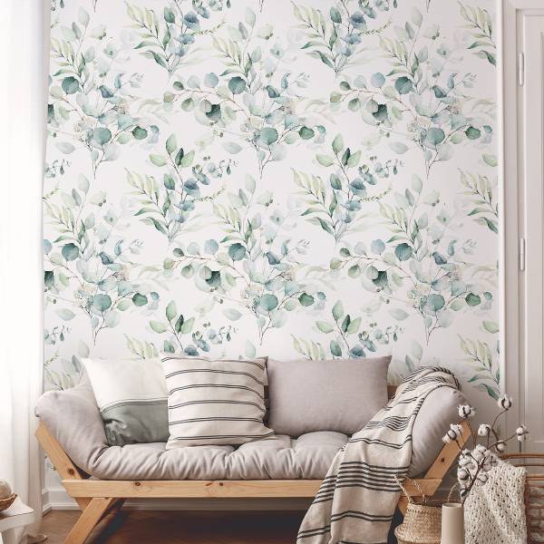 Tapete Aquarell Eukalyptus Blätter Beige - Blau - Braun - Grün - Weiß - Papier - 53 x 1000 x 1000 cm