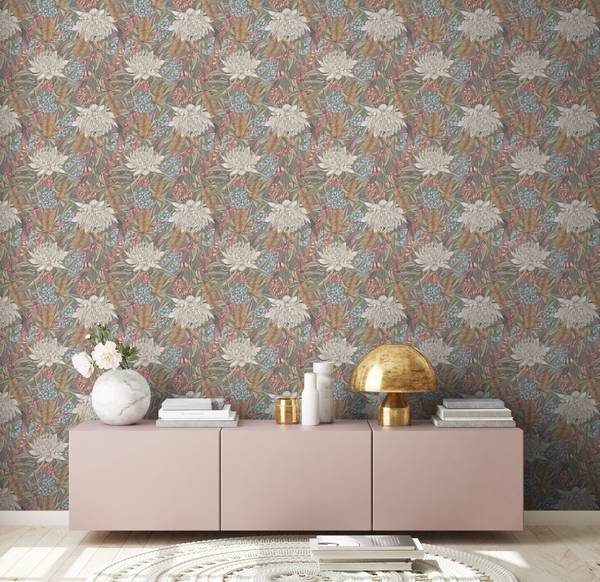 Blumentapete Bunt Rosa Blau - Grau - Grün - Rosé - Weiß