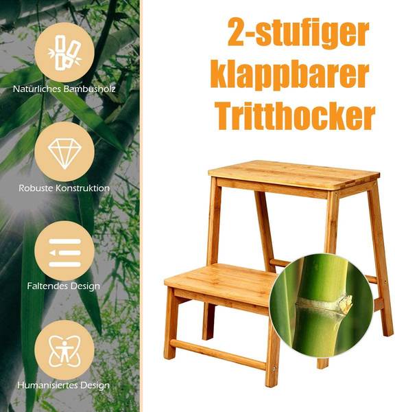 2-Stufen Tritthocker klappbar Braun - Bambus - 51 x 48 x 45 cm