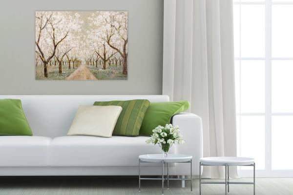 Tableau peint à la main Allée en Fleurs Marron - Blanc - Coton - 100 x 75 x 4 cm