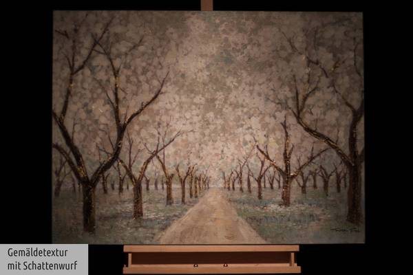 Tableau peint à la main Allée en Fleurs Marron - Blanc - Coton - 100 x 75 x 4 cm