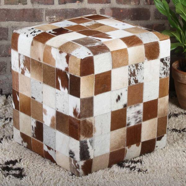 Patchwork Fellhocker Jaspal Beige - Holzwerkstoff - Echtfell - 45 x 45 x 45 cm
