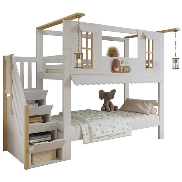 Lit superposé maison Uranus Ⅰ Marron - Blanc - Bois manufacturé - Bois massif - 97 x 202 x 253 cm