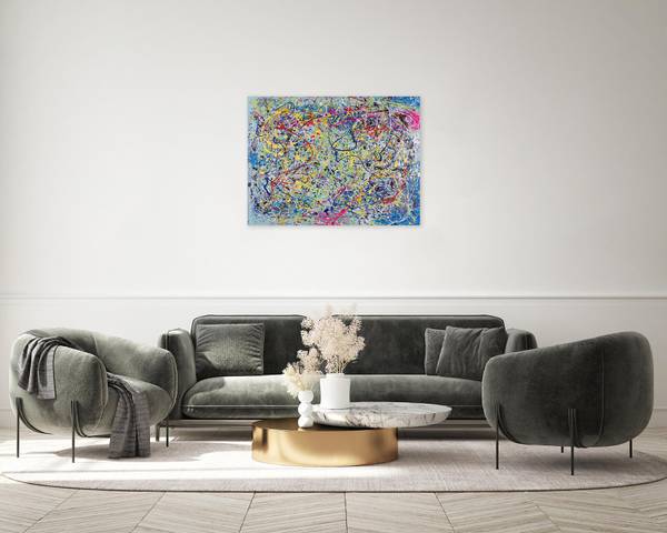 Acrylbild Handgemalt Action Painting Zap Baumwollstoff - 100 x 75 x 4 cm
