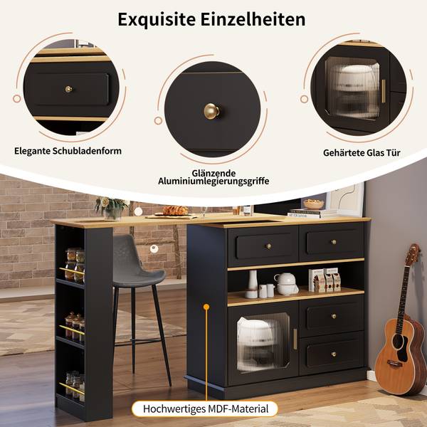 Bartisch Ausziehbar Oveox BL Schwarz - Holzwerkstoff - Metall - 56 x 105 x 181 cm