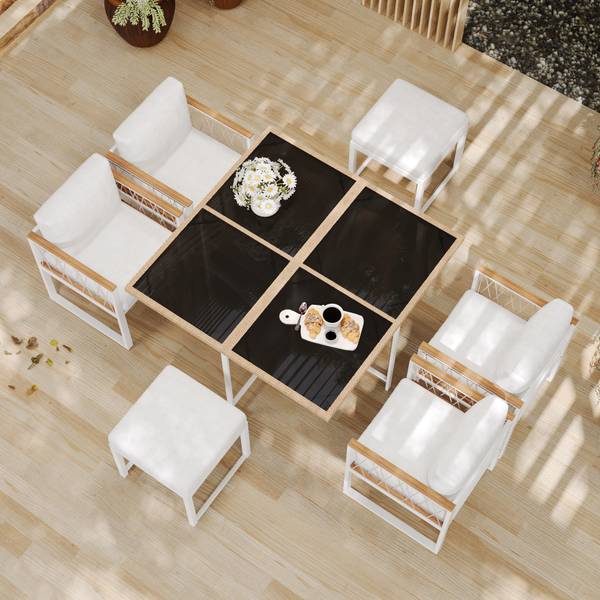 Garten-Essgruppe Anemoi 7-tlg Schwarz - Weiß - Polyester - Webstoff - Akazie - Eisen - 158 x 74 x 230 cm