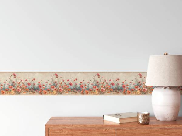 Bordüre Aquarell Mohnblumenwiese Beige - Orange - Rot - Fleece - 1 x 500 x 1 cm