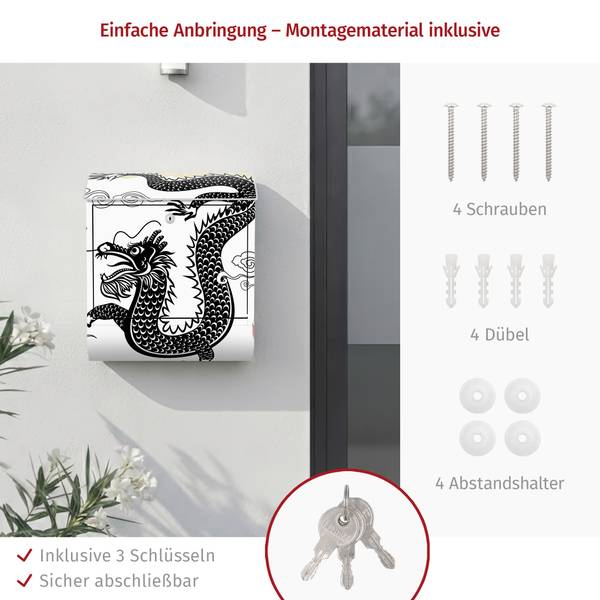 Briefkasten Asiatischer Drache Schwarz - Stahl - 39 x 46 x 13 cm