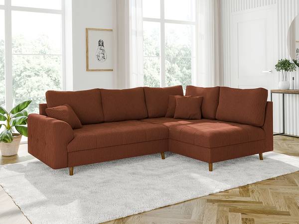 Ecksofa und Hocker Neo, Cord-Stoff Rubinrot - Ecke davorstehend rechts
