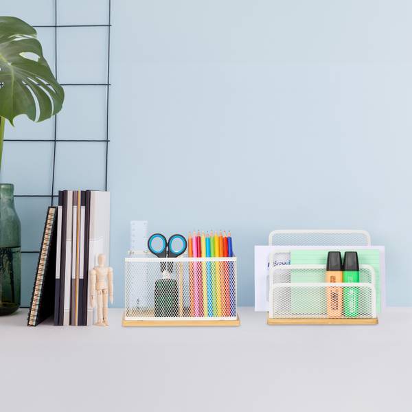 Lot de 2 organiseurs de bureau Marron - Blanc - Fer - 18 x 15 x 10 cm
