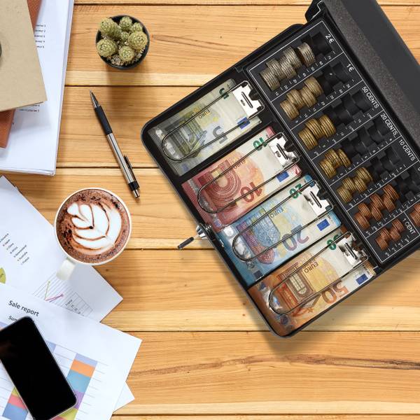 Geldkassette mit Euro Münzzählbrett Schwarz - Silber