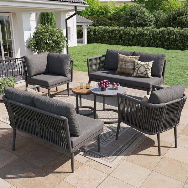 Set lounge jardin Gaia II (6-él.) Gris - Verre - Métal - Matière plastique - Textile - 176 x 75 x 176 cm