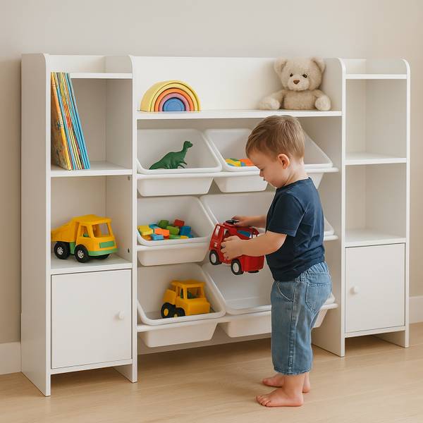 Grande étagère pour enfant avec tiroirs Blanc - Bois manufacturé - Matière plastique - 139 x 94 x 30 cm