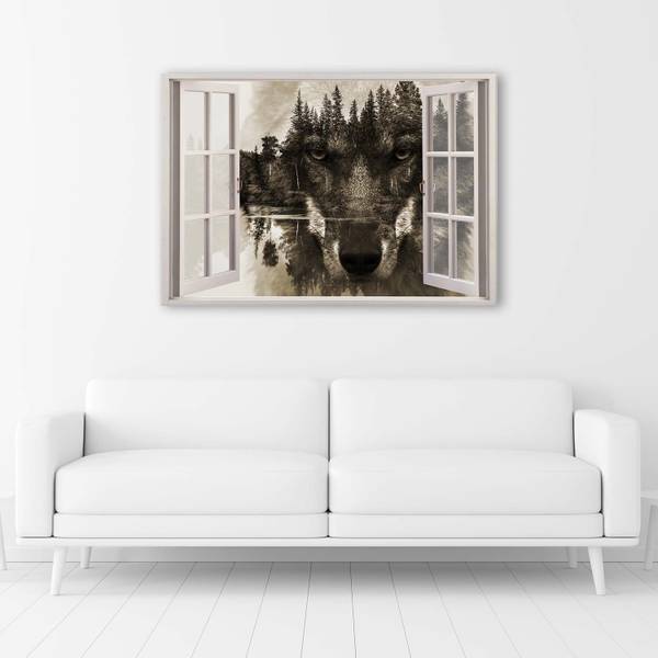 Canvas schilderij wolf in het raam 120 x 80 cm