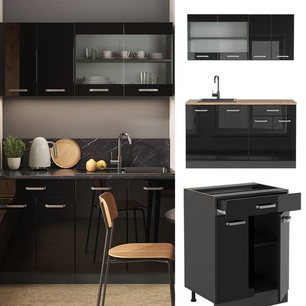 Singleküche R-Line 42955 Anthrazit - Hochglanz Schwarz