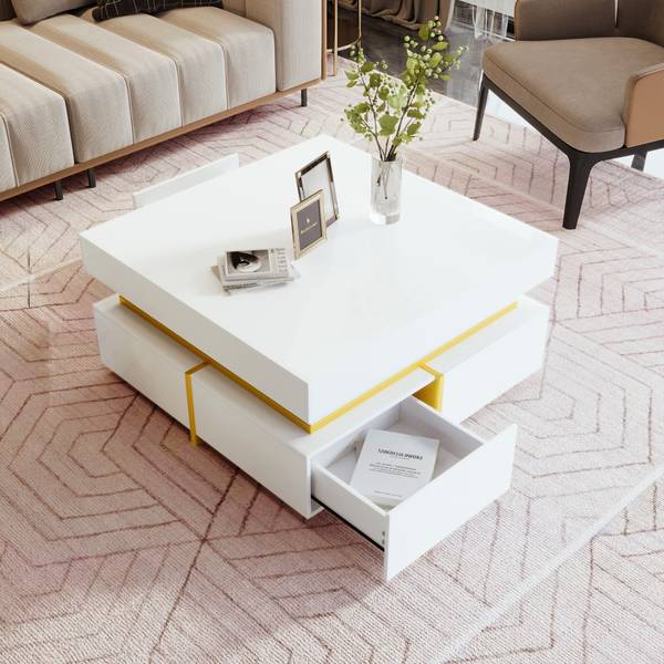 Salontafel Ourea Ⅳ wit glas - hoogglans wit - goud - wit