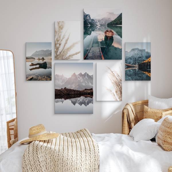 Leinwandbilder Set Berge See Wald Natur Grau - Grün - Weiß - Leinen - 90 x 80 x 80 cm