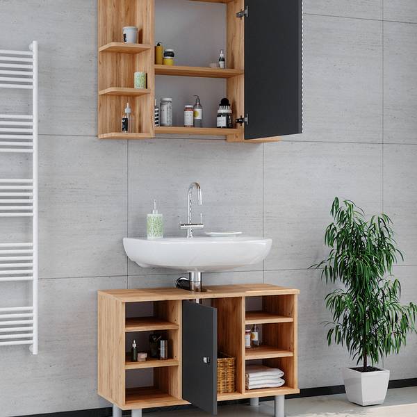 Badmöbel-Set Fynn 34717 2er Set Anthrazit - Braun - Eiche Dekor