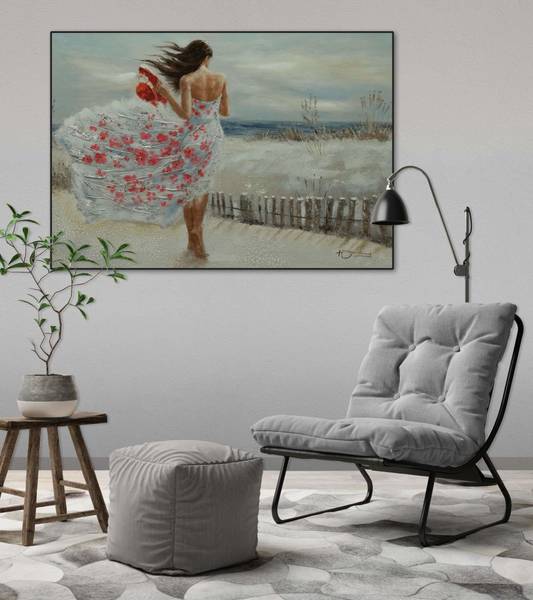 Tableau peint à la main Rivage Elena Marron - Blanc - Coton - 100 x 70 x 4 cm