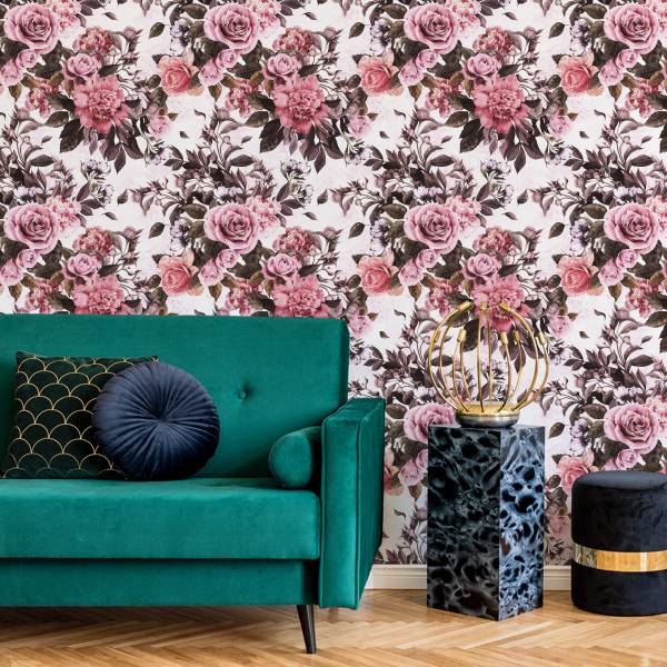 Tapete Rosen PFINGSTROSEN Blumen Natur Grün - Pink - Weiß - Fleece - 53 x 1000 x 1000 cm