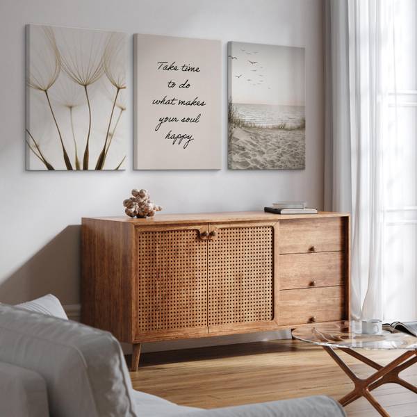 Leinwandbilder Set Meer Zitat Pflanzen Beige - Schwarz - Grün - Leinen - 90 x 40 x 40 cm