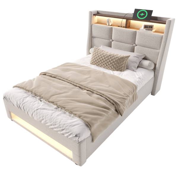 Polsterbett 2 USB GLOWLEIN Ⅰ Beige - Breite: 95 cm