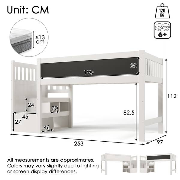Hoogbed MonetLucy Ⅰ wit - plaatmateriaal op houtbasis - massief hout - 97 x 112 x 253 cm