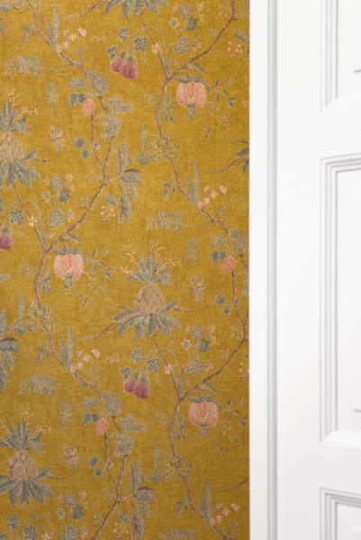 Landhaus-Tapete Blumen mit Früchten Grün - Gelb - Fleece - 53 x 1005 x 1 cm