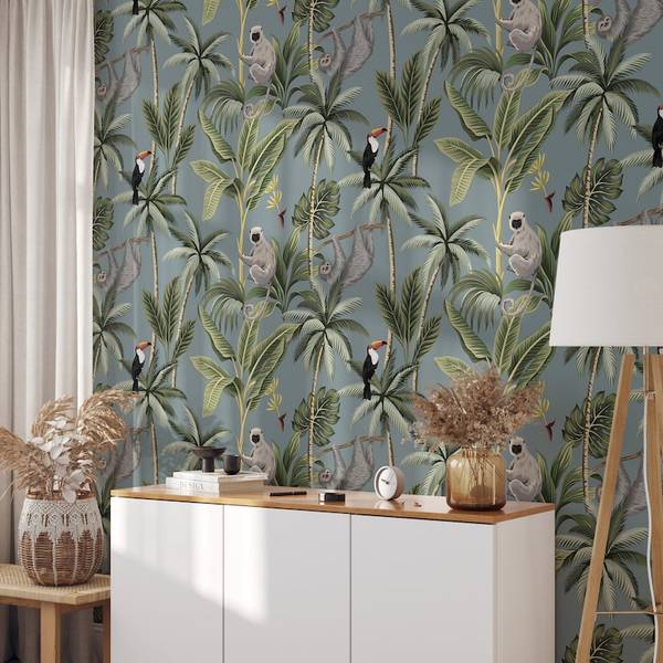 Papier Peint Jungle Tropicale Gris Gris - Papier - 1 x 200 x 200 cm