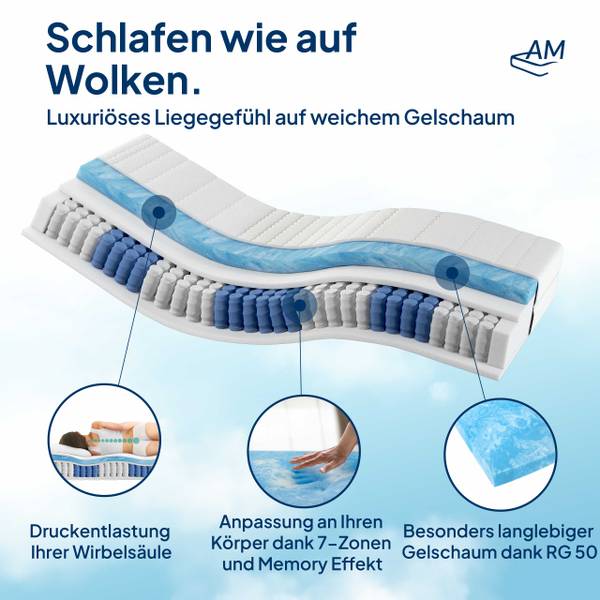 Gel Taschenfederkernmatratze 90x200cm H2 - Liegefläche Breite: 90 cm