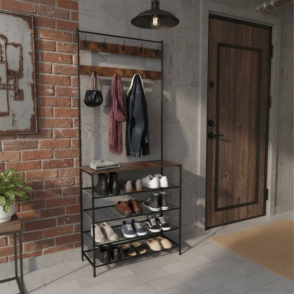 Kapstok met schoenenrek 8 haken zwart - bruin - ijzer - 80 x 190 x 30 cm