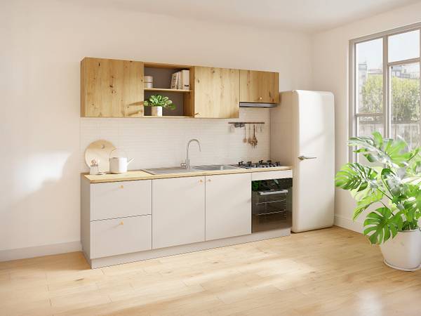 Küchenzeile YORINA Beige - Braun - Holz teilmassiv - 242 x 85 x 60 cm