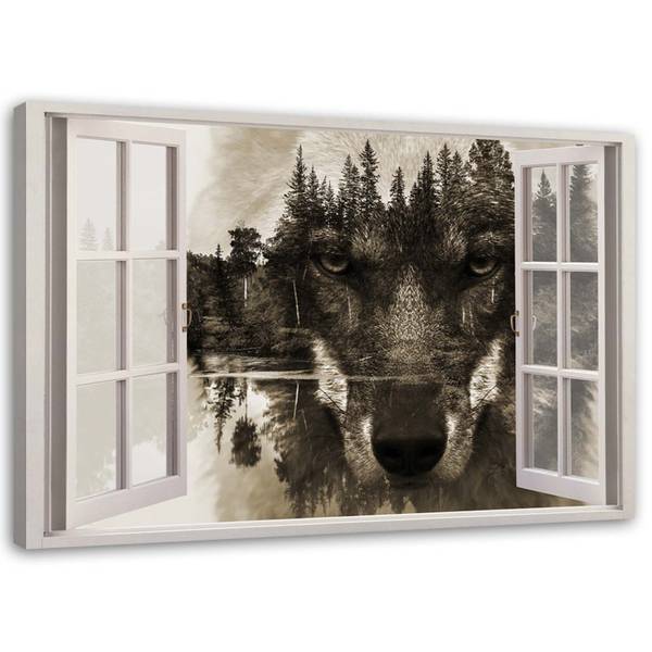 Canvas schilderij wolf in het raam 120 x 80 cm