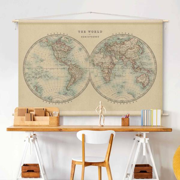 Wandteppich Retro Weltkarte Hemisphären 110 x 73 cm
