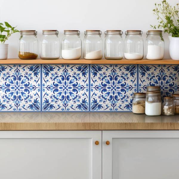 Selbstklebende Fliesen (9 St.) Ornament Blau - Polyester PVC - 30 x 30 x 1 cm