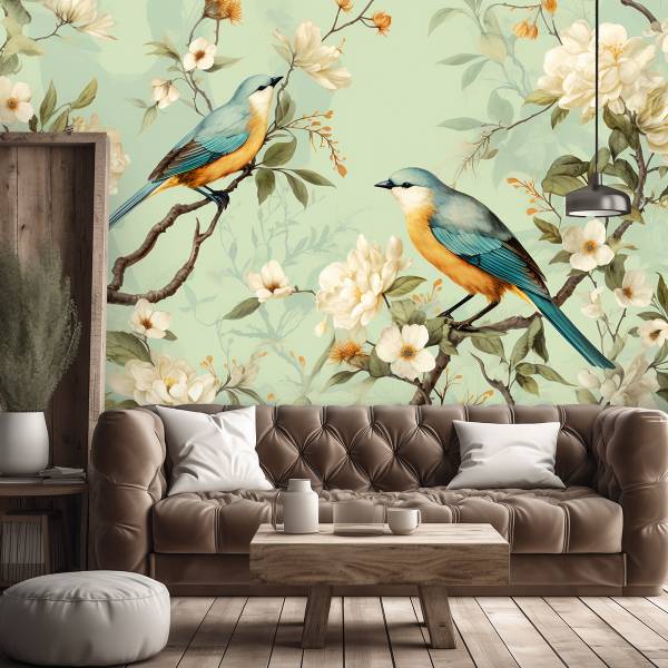 Fototapete Vögel Blumen Chinoiserie 200 x 140 cm