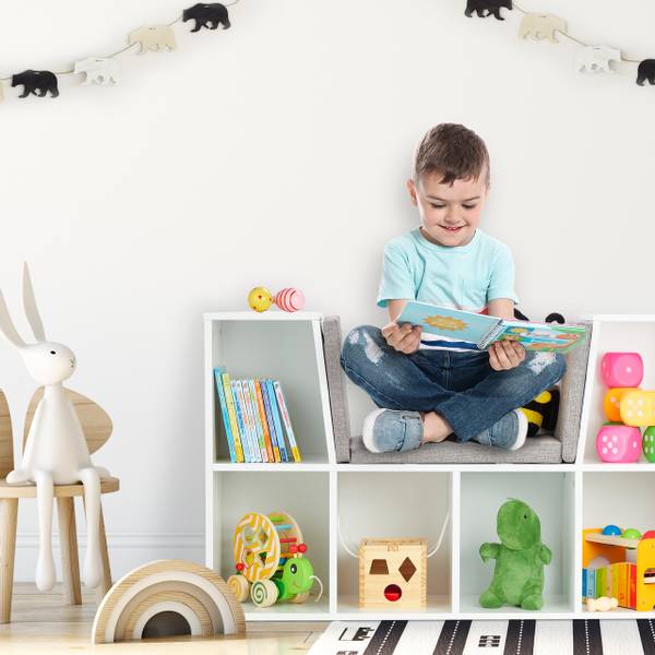 Bücherregal mit Sitzkissen Grau - Weiß - Polyester - 103 x 63 x 30 cm