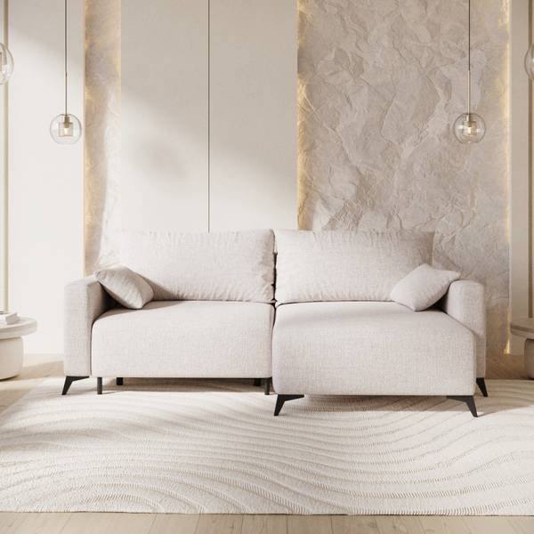 Ecksofa NUVIO mit Schlaffunktion Hellbeige - Armlehne beidseitig montierbar - Ecke davorstehend rechts - Ottomane davorstehend rechts