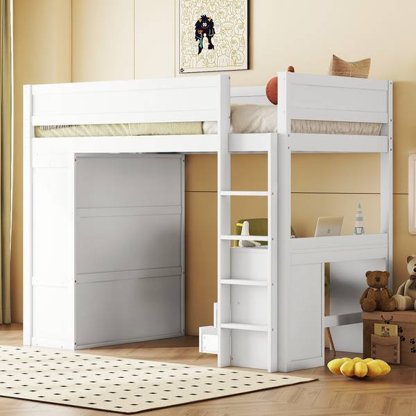 Hochbett mit Schreibtisch-O28109 Weiß - Massivholz - 165 x 165 x 205 cm