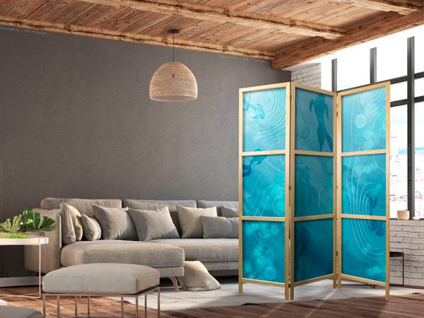Paravent Fisch Ozean Wellen 3-tlg Blau - Grün - Weiß - Holzwerkstoff - Textil - 135 x 172 x 3 cm