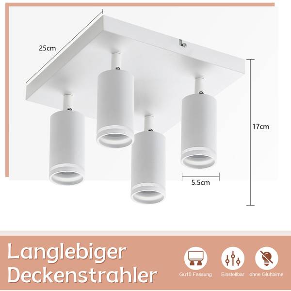 Spot plafond Adelebsen 4 ampoules Blanc - Métal - 25 x 17 x 25 cm