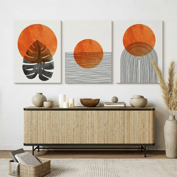Leinwandbilder BLÄTTER Boho 3-er Set Beige - Schwarz - Orange - Leinen - 90 x 40 x 40 cm