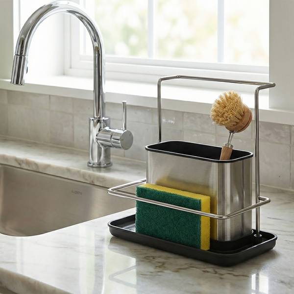 Spülbecken Organizer mit Abtropfschale Schwarz - Silber - Eisen - 21 x 19 x 12 cm