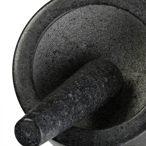 Mörser mit Stößel und Holzuntersetzer Schwarz - Braun - Grau - Granit - 14 x 10 x 14 cm