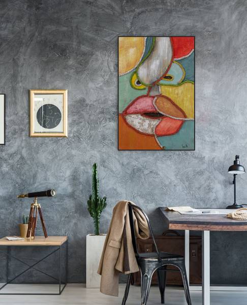 Acrylbild Handgemalt Gesicht Sig Baumwollstoff - 60 x 90 x 3 cm