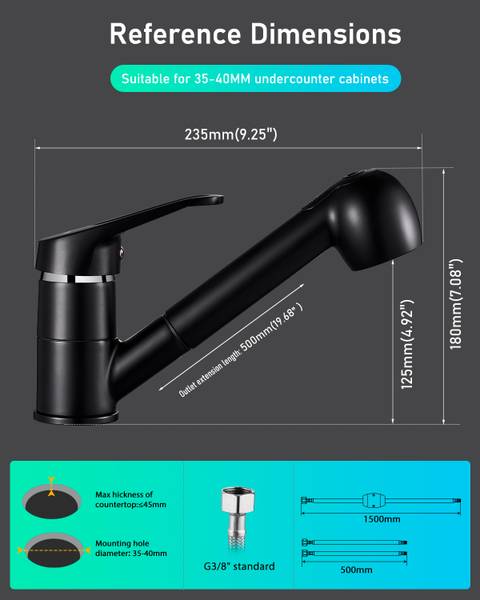 Küchenarmatur Ausziehbar, 2 Sprühmodi Schwarz - Edelstahl - 24 x 8 x 36 cm